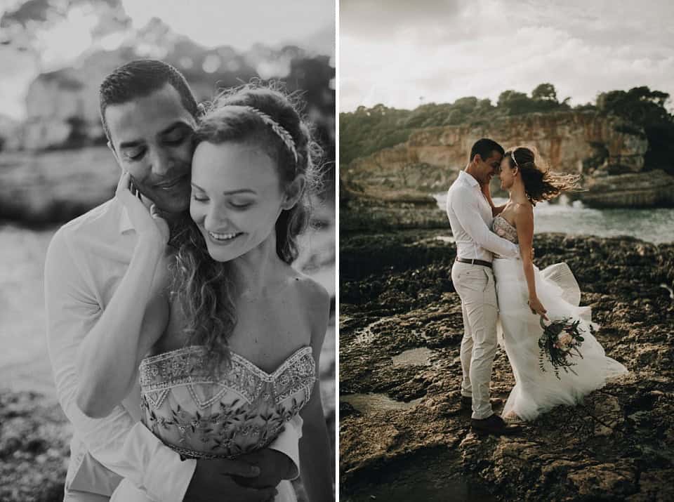 Natürliche Hochzeitsfotos am Strand mit verliebtem Paar, südliches Licht, emotionale Momentaufnahme.