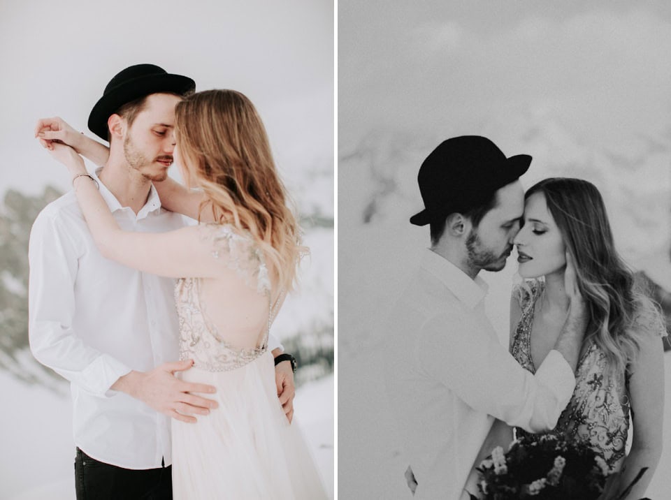 Romantisches junges Paar bei Hochzeitsshooting in Schnee, Tirol, Österreich.