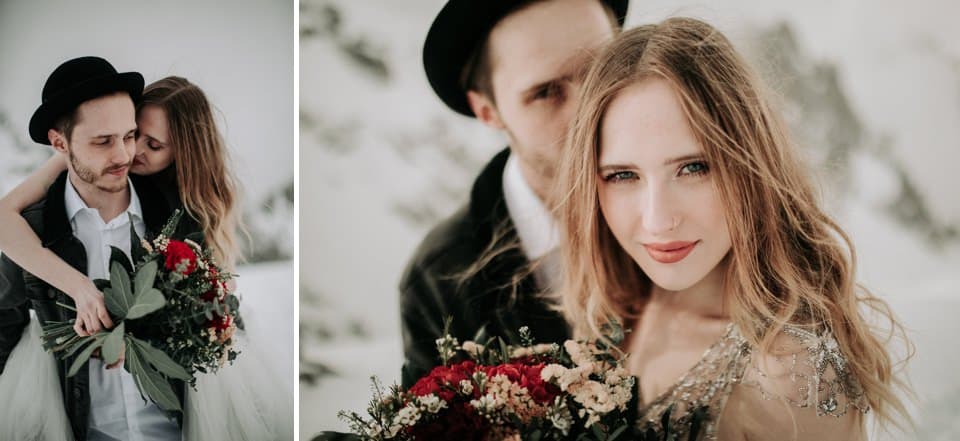 Romantisches hochzeitsfoto mit braut und bräutigam im schneebedeckten umfeld.