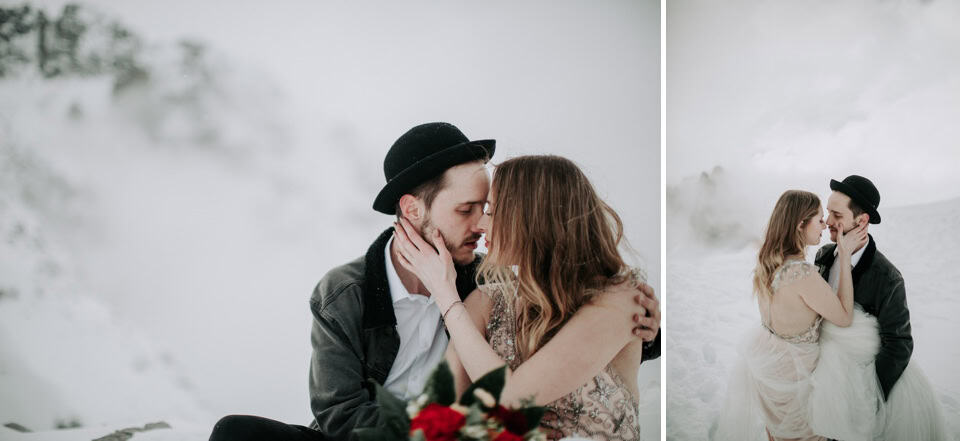 Stylisches Pärchenshoot im Schnee, romantisches Hochzeitsfoto in Tirol.