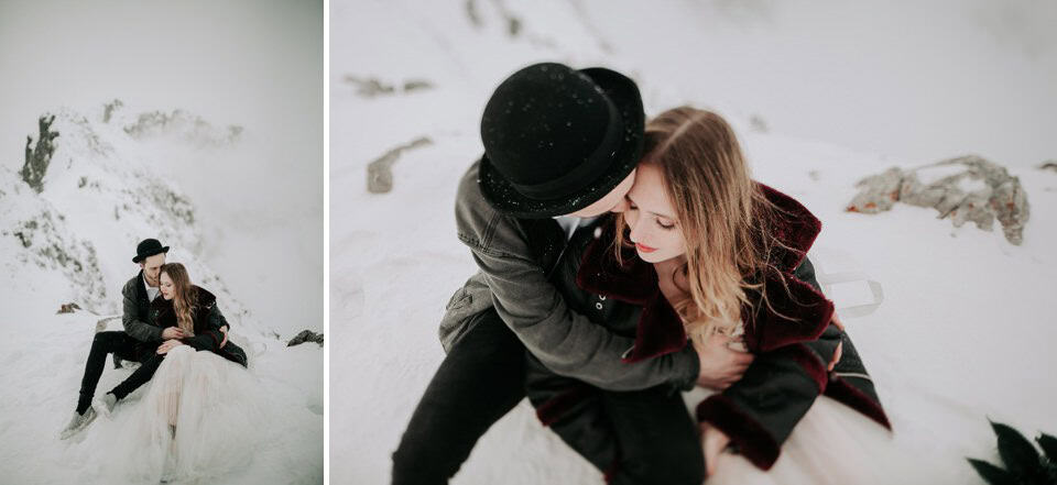 Trauriges Hochzeitspaar im Schnee, romatisches Paarshooting in winterlicher Kulisse, emotionales Fotoshooting in Tirol, Winterhochzeit, Hochzeitsfotografie Österreich.