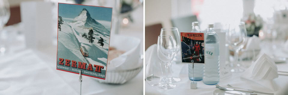Zermatt Schweiz und Berlin Deutschland Reiseposter als Tischdekoration bei einer Hochzeit.