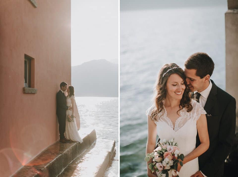 Romantisches hochzeitsfoto am see mit braut und bräutigam, romantisches fotoshooting, Tirol Österreich.