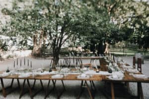 Gedeckter Hochzeitsmahlbereich im Freien unter Bäumen bei Sonnenlicht.