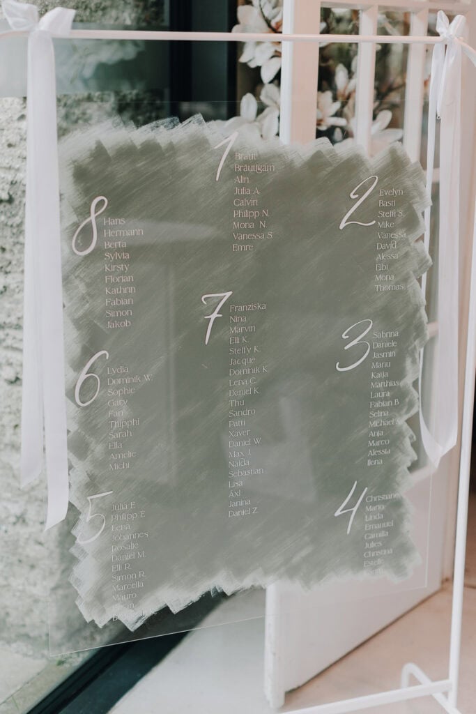 Hochzeitssitzplan mit Namen der Gäste auf grünem Hintergrund.